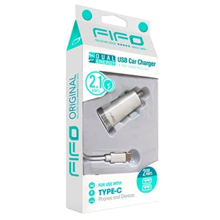 Cargador para carro FIFO dual USB 2.1 amps + cable tipo-C 4ft - 1u
