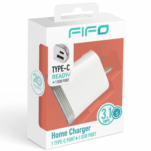 Cargador para pared FIFO dual: USB + puerto tipo-C - 1u