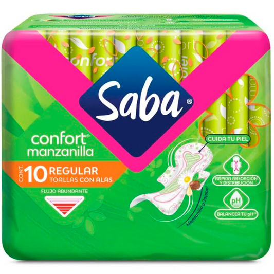 Toallas femeninas SABA confort manzanilla regular con alas - bolsa 10u