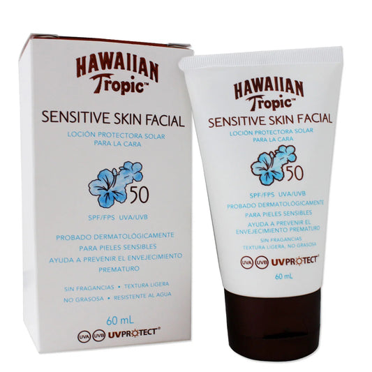 Loción protectora HAWAIIAN TROPIC sensitive skin facial SPF50 - bote 60mL
