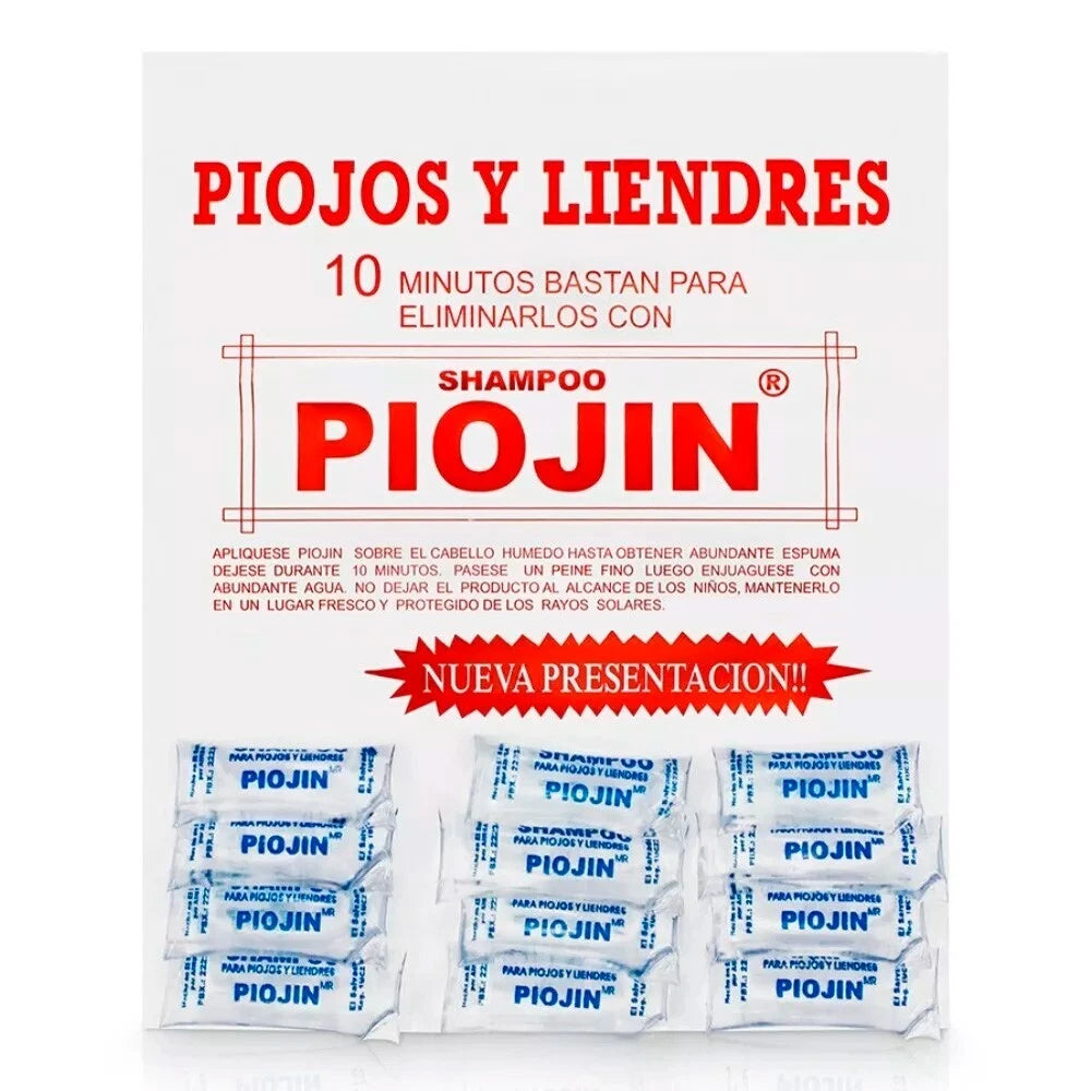 Presentación de 12 unidades de shampoo PIOJIN para piojos y liendres con instrucciones de uso