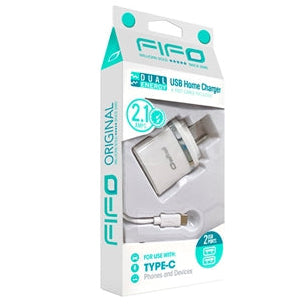 Cargador para pared FIFO dual USB 2.1 amps + cable tipo-C 4ft - 1u