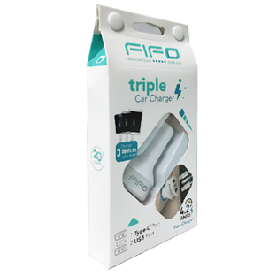 Cargador para carro FIFO triple: dual USB + puerto tipo-C 4.2 amps - 1u