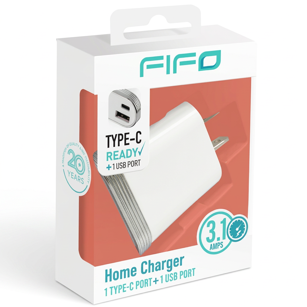 Cargador para pared FIFO dual: USB + puerto tipo-C - 1u